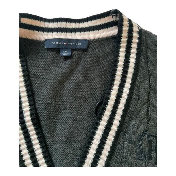 Tommy Hilfiger Button Up Cable Knit Striped V-Neck Gray Cardigan Women's Size L - Picture 4 of 15